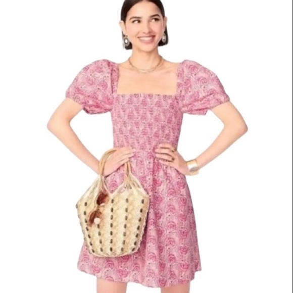J. Crew Dresses & Skirts - J Crew Puff Sleeve Smocked Mini Dress in Dandelion Swirl Pink/White Sz M